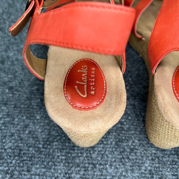 Clarks Platform Wedge Sandals Women's Size 10 Redish Orange Leather Buckle Shoes - Picture 9 of 12